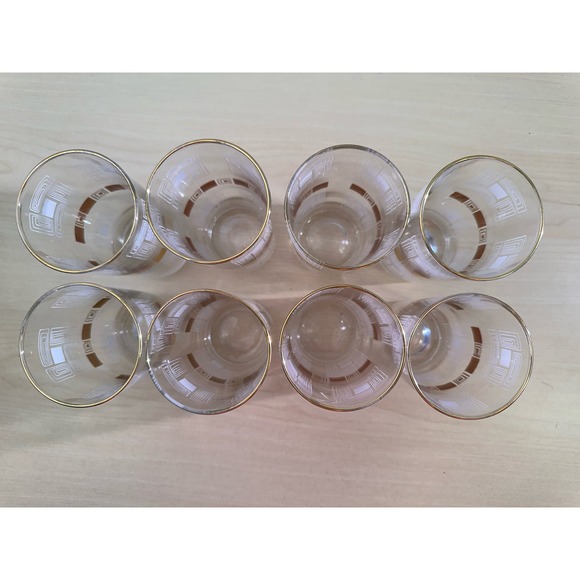 8 Vintage 1950's Block Geometric Tom Collins Glasses Gold Rim Metal Carrier - Picture 3 of 12